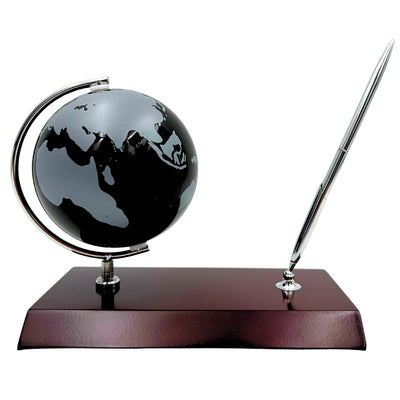 Conjunto Decorativo Elegante para Secretária com Gravação Personalizada - Globo Suporte para Canetas em Metal Cromado e Madeira Escura
