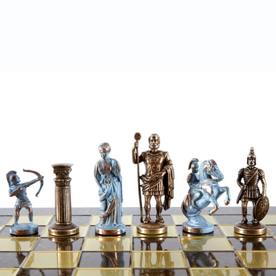 Xadrez em latão Arqueiros 44x44 cm com possibilidade de personalização por gravação - Presente de luxo para amantes de mitologia e estratégia, peças feitas à mão de alta qualidade