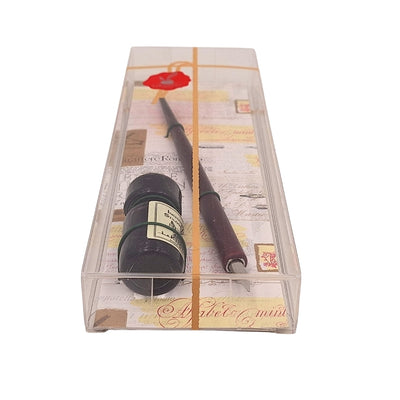 Conjunto Elegante para Caligrafia com Pena de Madeira e Tinta Preta, possibilidade de personalização por gravação, ideal para presente para amantes da arte da escrita, em embalagem decorativa 7,5 x 22 x 3 cm