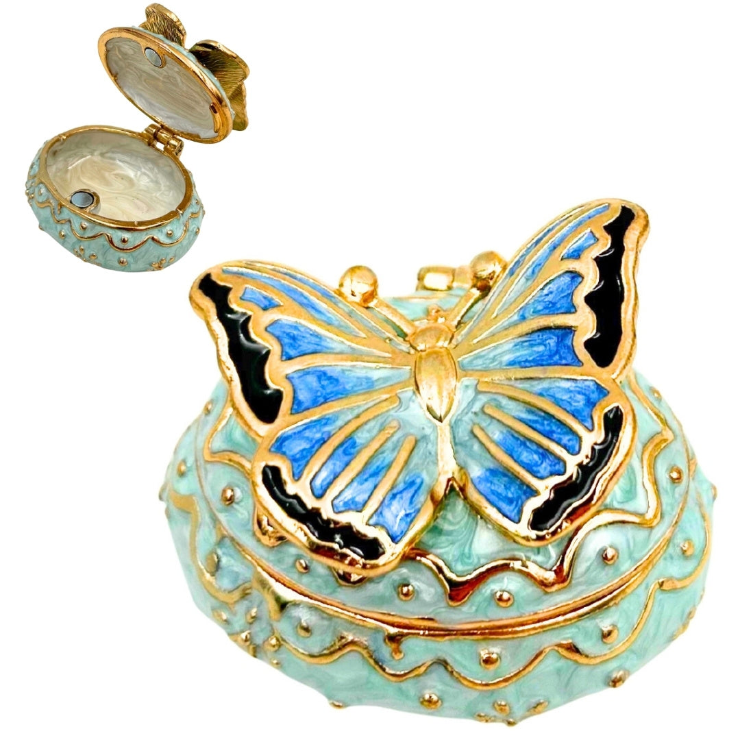 Caixa Exclusiva para Joias Borboleta com Cristais, Personalizada por Gravação, Branco-Dourado, Altura 3,5 cm