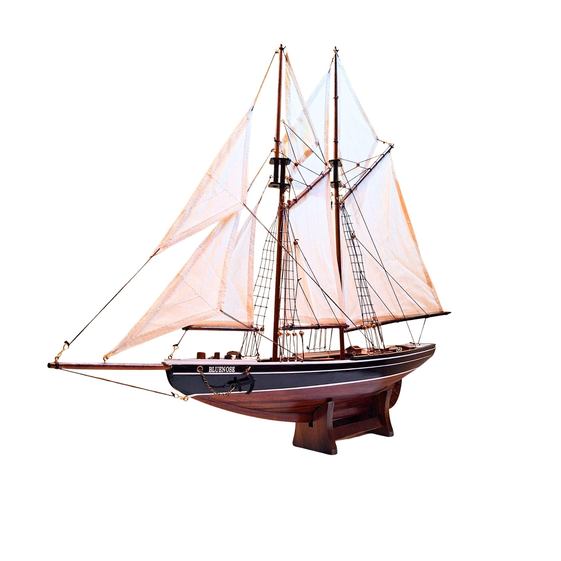 Modelo de Escuna Bluenose 78 cm com Gravação - Decoração Marítima Elegante em Madeira para Presente para Amantes da Vela e História Marítima com Velas Naturais