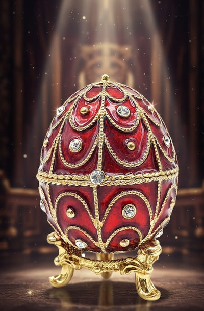 Caixa de metal exclusiva Fabergé com cristais em cor vermelho e dourado, possibilidade de personalização por gravação, ideal para presente, dimensões 5,5x6,5 cm