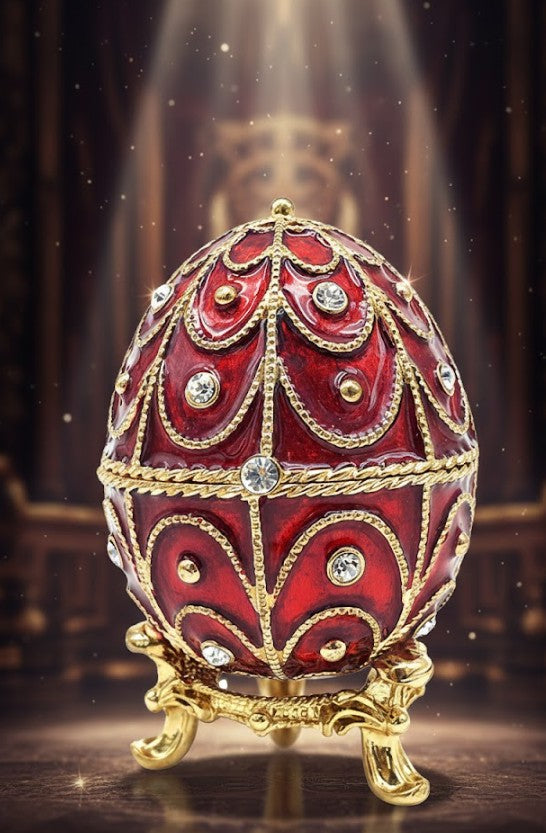 Caixa de metal exclusiva Fabergé com cristais em cor vermelho e dourado, possibilidade de personalização por gravação, ideal para presente, dimensões 5,5x6,5 cm