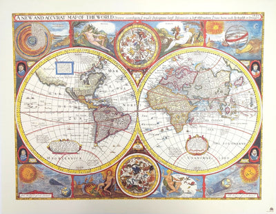 Mapa-múndi Retro com Gravação - Decoração Personalizada para Presente - Reimpressão de John Speed de 1651 - Dimensões 52 x 39 cm - Gráfico Colorido e Detalhado