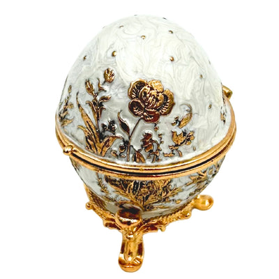 Caixa Exclusiva Ovo Fabergé Metálica com Cristais em Cor Branco-Dourado com Possibilidade de Personalização por Gravação
