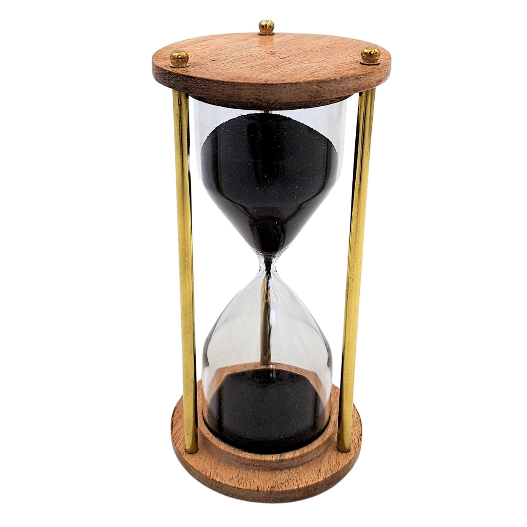 Ampulheta de Latão e Madeira de 5 minutos com Gravação Personalizada – Decoração Retro Elegante para Presente – Altura 15,5 cm, Areia Preta, Latão e Madeira