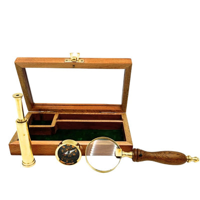 Conjunto de Viajante com Luneta, Bússola e Lupa em Estojo de Madeira com Possibilidade de Gravação Personalizada