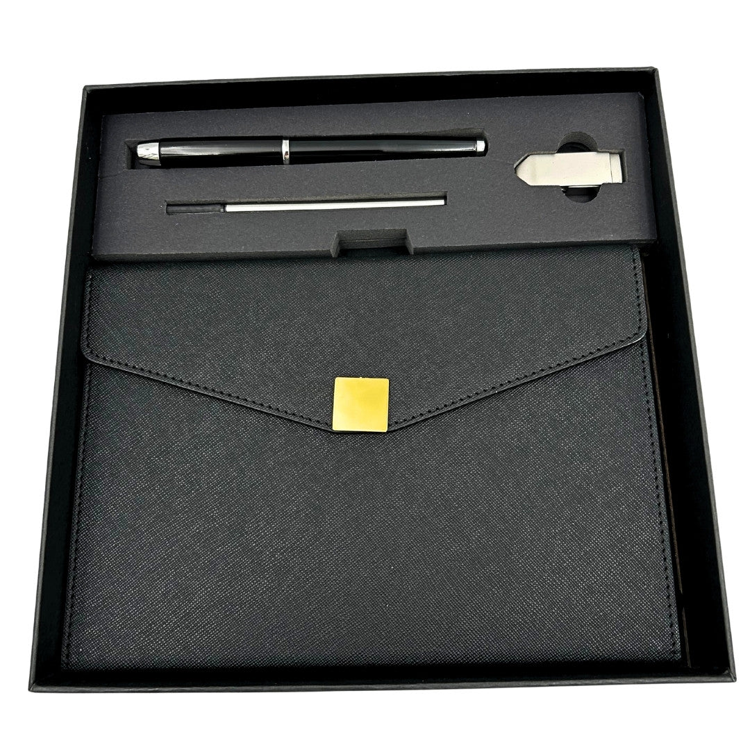 Conjunto de Presente Premium Elegante com Personalização – Caderno de Couro A5, Caneta e Pen Drive 16GB em Estojo Preto e Dourado