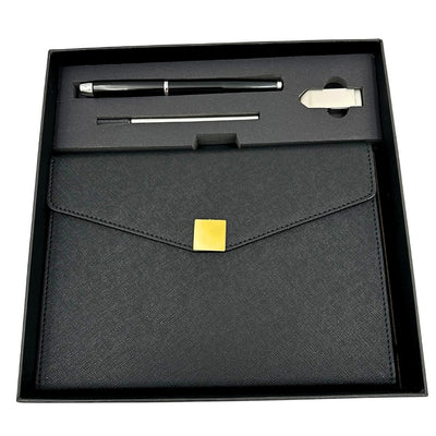 Conjunto de Presente Premium Elegante com Personalização – Caderno de Couro A5, Caneta e Pen Drive 16GB em Estojo Preto e Dourado
