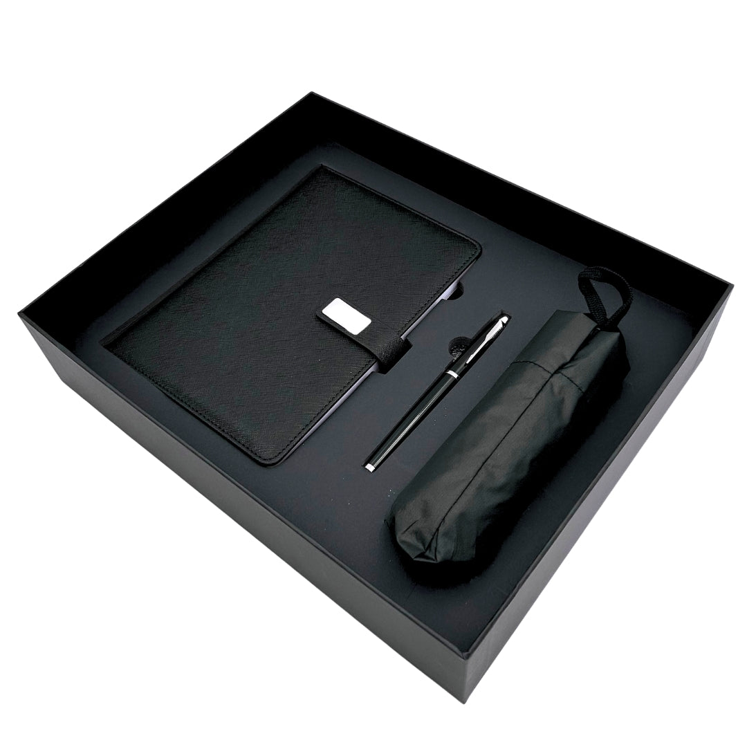 Conjunto Elegante para Presente com Personalização - Caderno de Pele A5, Caneta e Guarda-Chuva Preto em Caixa de Presente