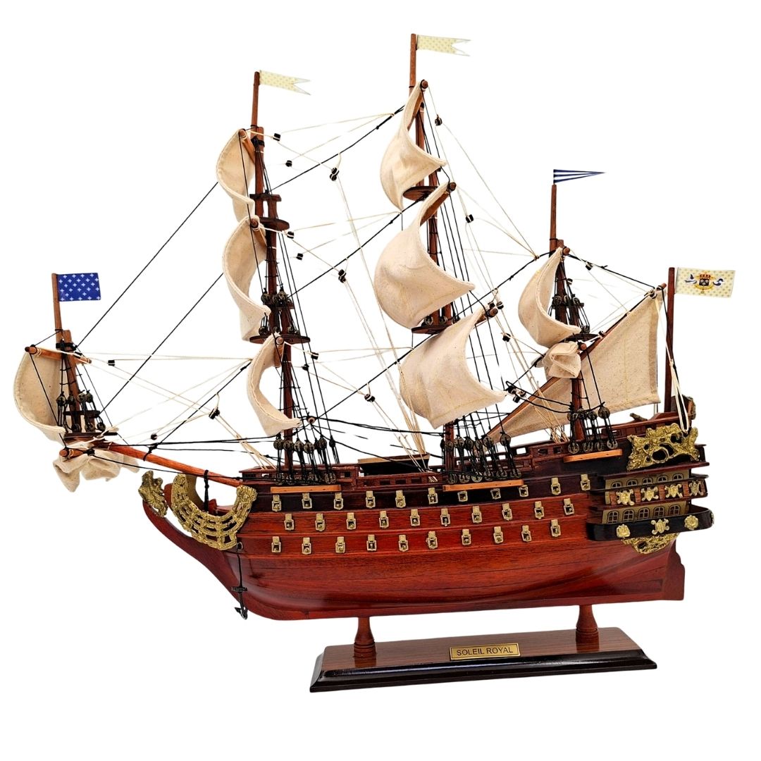 Modelo do veleiro Soleil Royal montado 46 cm - Feito à mão em madeira exótica com possibilidade de personalização por gravação