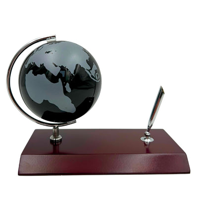 Conjunto Decorativo Elegante para Secretária com Gravação Personalizada - Globo Suporte para Canetas em Metal Cromado e Madeira Escura
