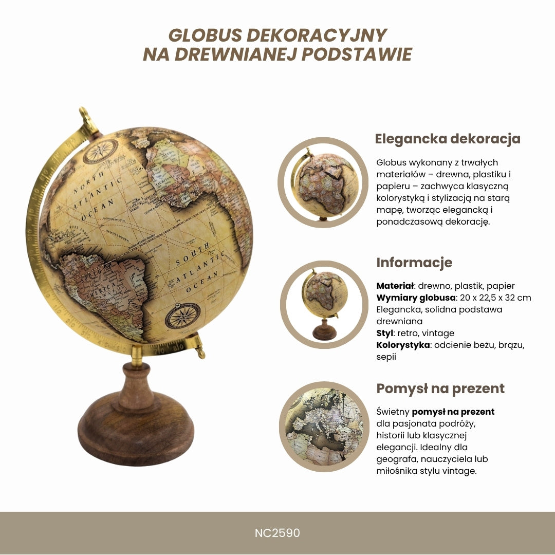 Globo decorativo retro estiloso em base de madeira 32 cm com possibilidade de personalização por gravação