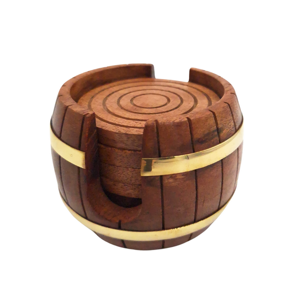 Bases de copos de madeira com gravação - Conjunto Barril com 6 bases e recipiente com adornos em latão