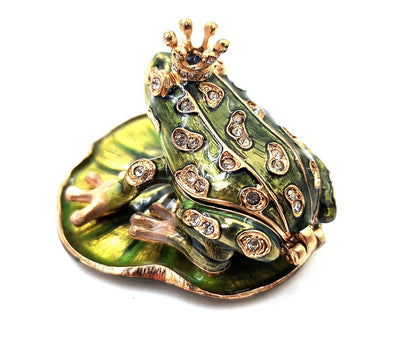 Caixa de presente exclusiva em metal em forma de rã com cristais, verde escuro e dourado, possibilidade de personalização por gravação, ideal para presente, dimensões 6,5x6,7x4,5 cm