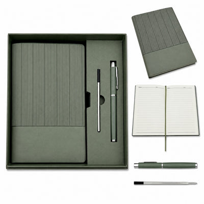 Conjunto Elegante para Presente com Gravação Personalizada - Caderno de Pele A5 Verde Oliva com Caneta e Recarga em Caixa de Presente Estética