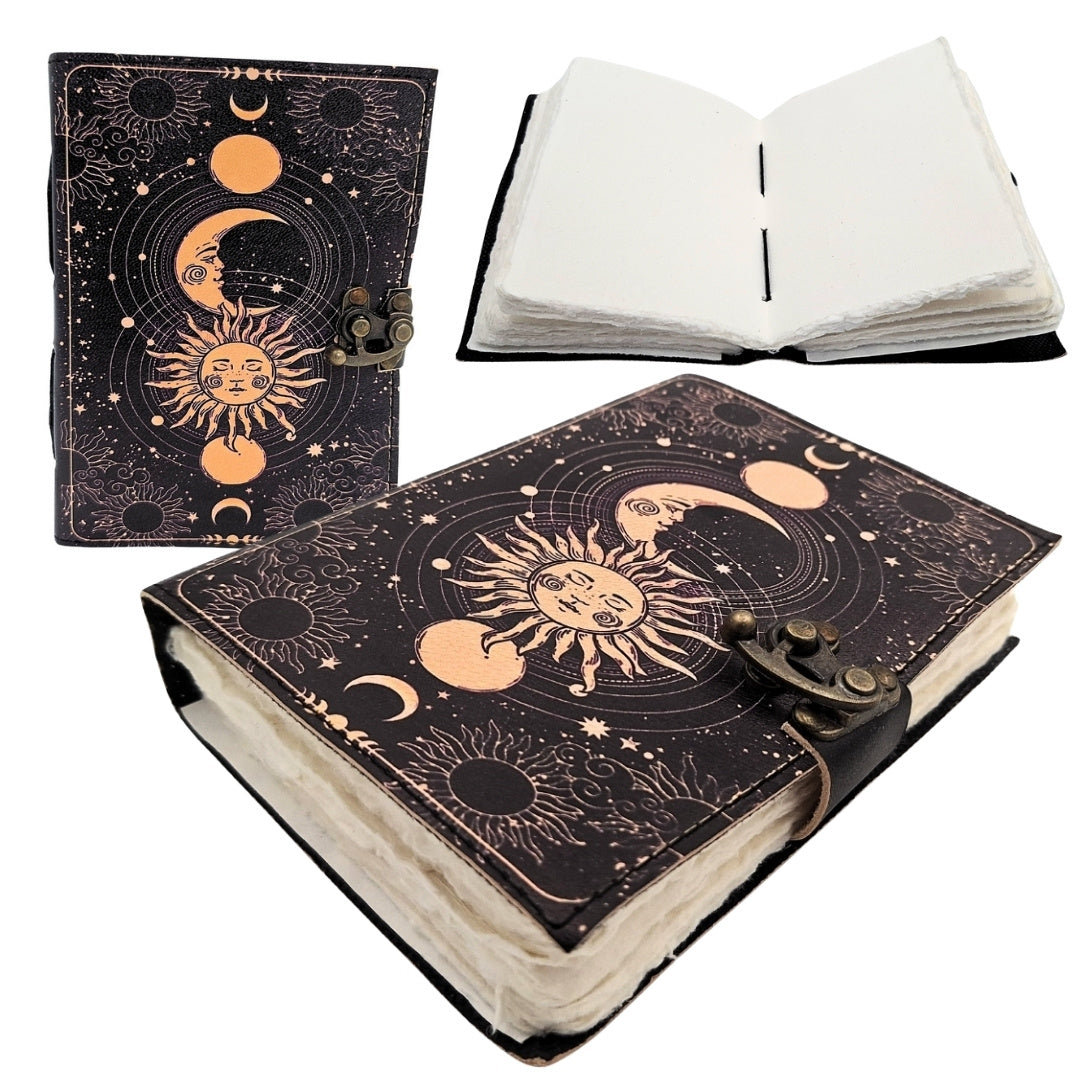 Caderno de pele Sol e Lua decorativo 200 páginas com possibilidade de personalização por gravação, azul-marinho, feito em pele de cabra, ideal para presente