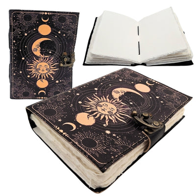 Caderno de pele Sol e Lua decorativo 200 páginas com possibilidade de personalização por gravação, azul-marinho, feito em pele de cabra, ideal para presente