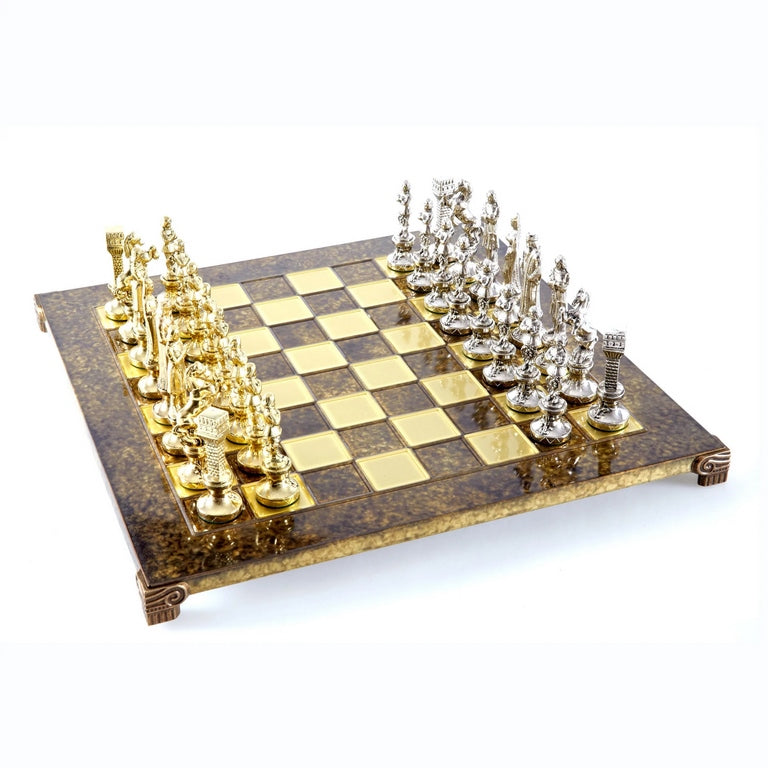Xadrez metálico exclusivo Renascimento S9BRGS 36x36 cm dourado-prateado com possibilidade de personalização por gravação