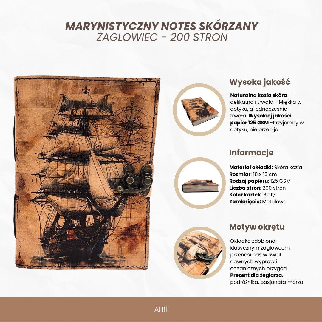 Caderno de pele marinheiro veleiro retro com gravação