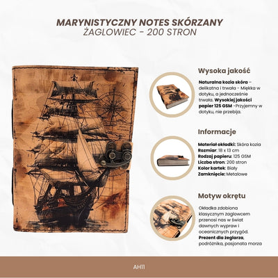 Caderno de pele marinheiro veleiro retro com gravação