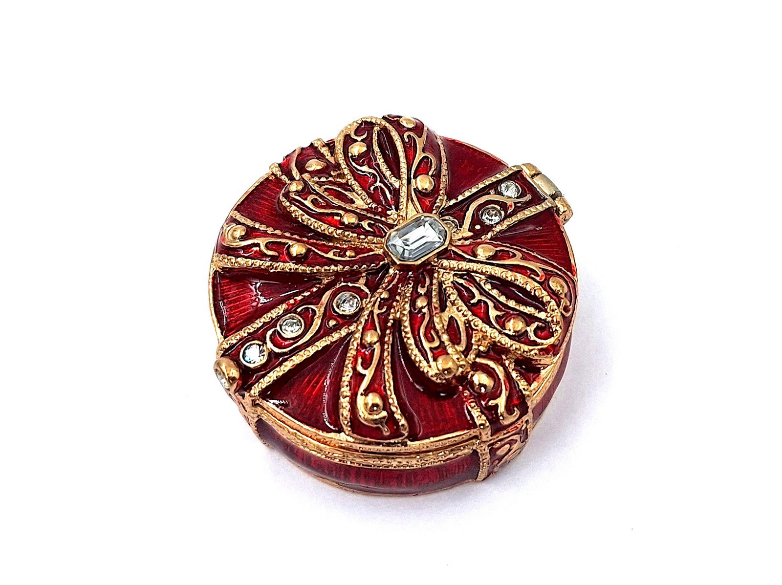 Caixa de presente exclusiva em metal com cristais B0118-08 em cor vermelho e dourado, possibilidade de personalização por gravação, ideal para joias e presente elegante para qualquer mulher, dimensões 4x4x1 cm, estilo glamour