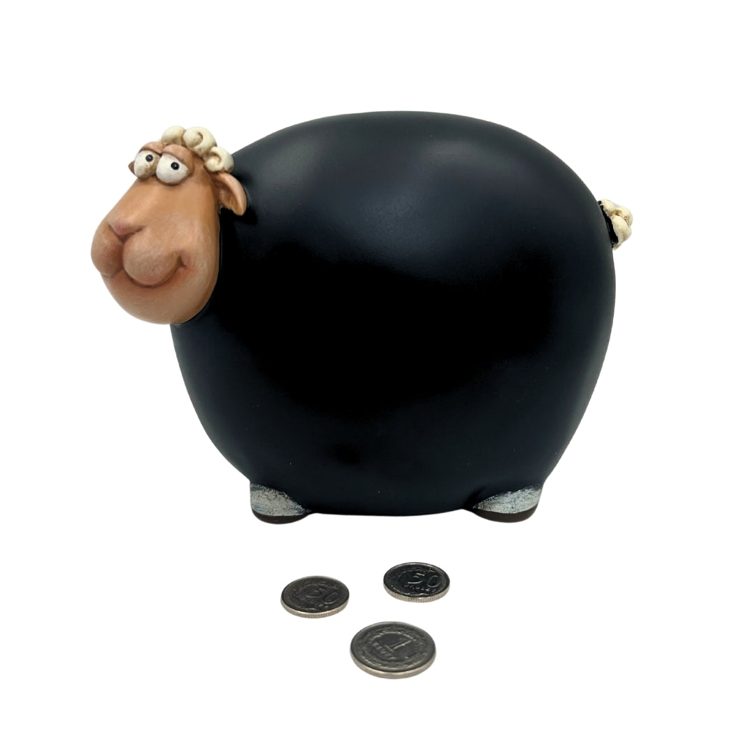 Cofre Ovelha com Tinta de Quadro Negro com Possibilidade de Personalização - Preto com Elementos em Bege e Branco, Altura 19,5 cm