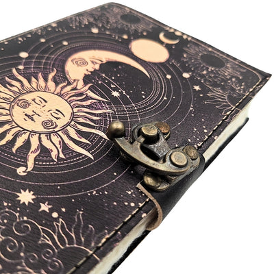 Caderno de pele Sol e Lua decorativo 200 páginas com possibilidade de personalização por gravação, azul-marinho, feito em pele de cabra, ideal para presente