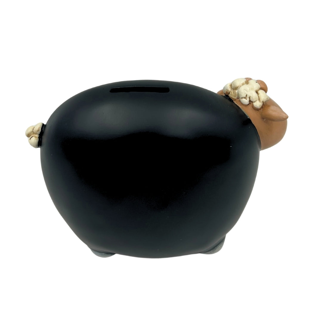 Cofre Ovelha com Tinta de Quadro Negro com Possibilidade de Personalização - Preto com Elementos em Bege e Branco, Altura 19,5 cm
