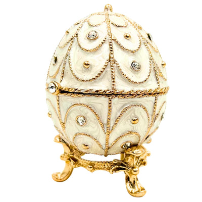 Caixa Exclusiva Ovo Fabergé Metálica com Cristais em Cor Branco-Dourado com Possibilidade de Personalização por Gravação