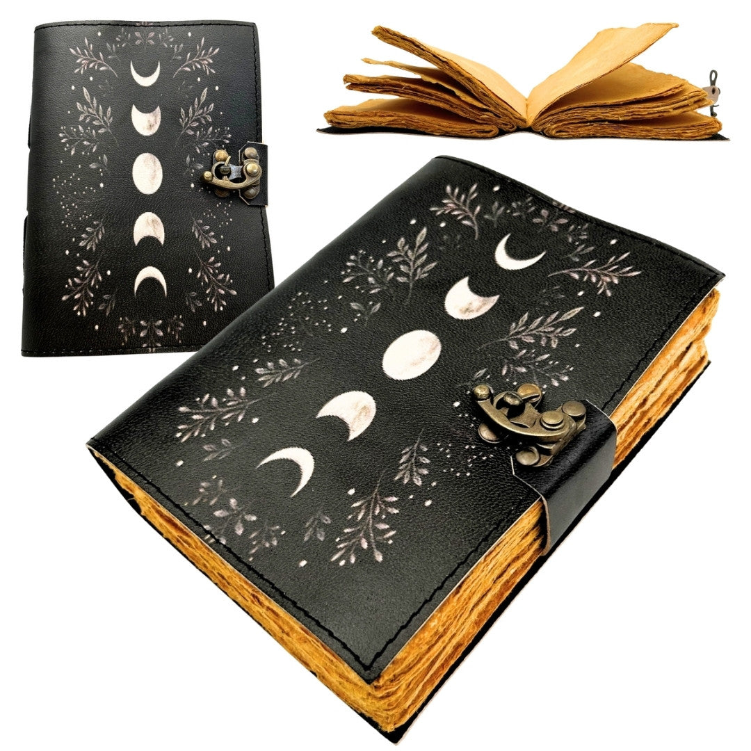 Caderno de Couro Retro com Fases da Lua com Gravação