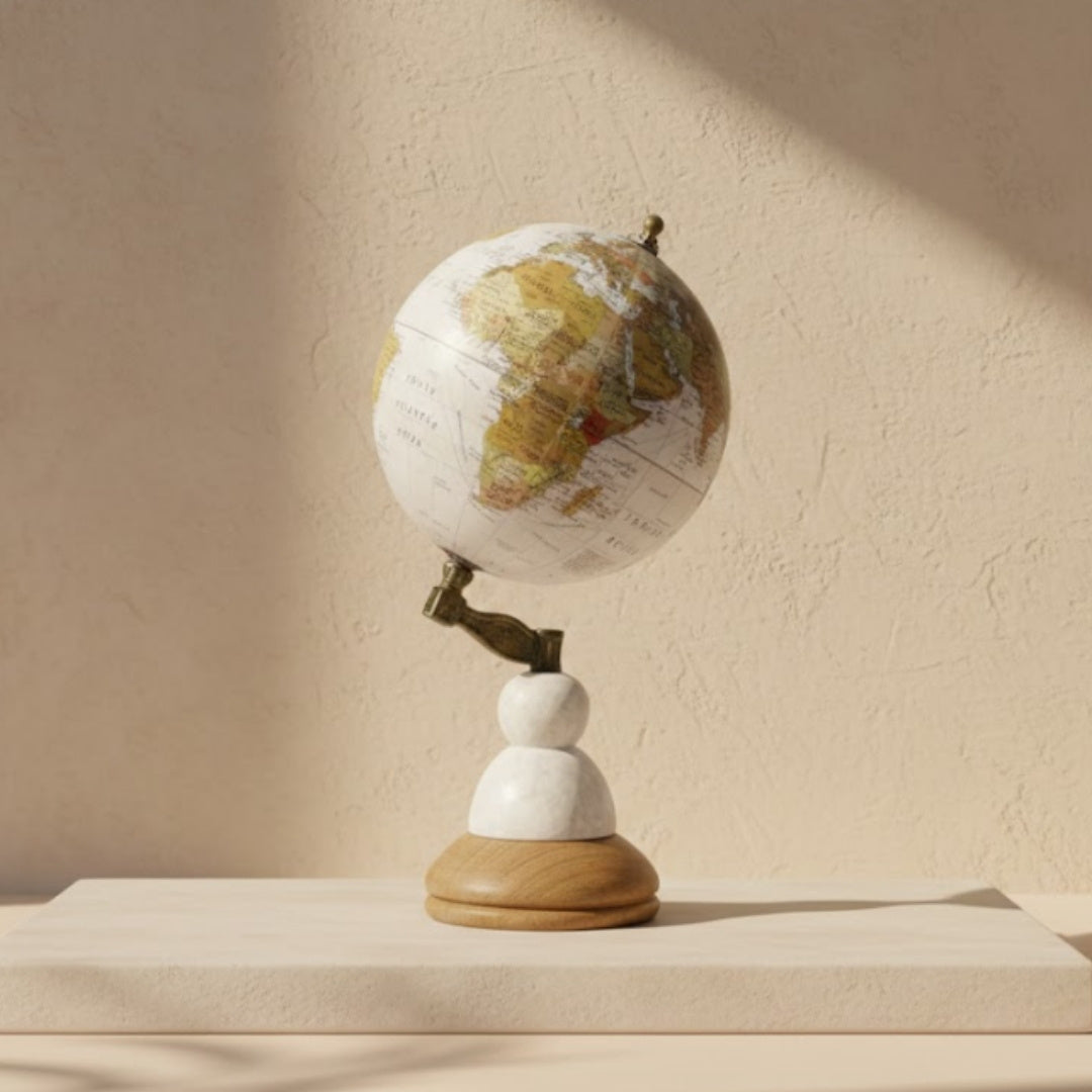 Globo Decorativo Voyager em Base de Mármore e Madeira com Opção de Personalização por Gravação – Presente Elegante para Amantes de Viagens, Altura 32 cm, Diâmetro 15,5 cm, Mapa Branco com Continentes Coloridos