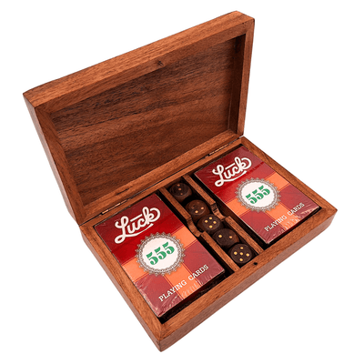 Conjunto Elegante para Jogo com Dois Baralhos e Dados em Estojo de Madeira com Decorações em Latão - Gravação Personalizada