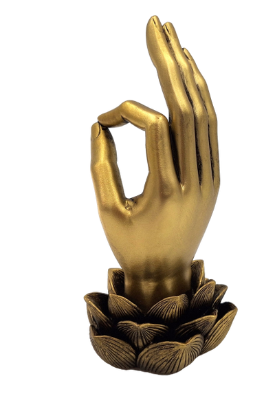 Estatueta dourada Mão de Buda Mudra OM com gravação - decoração elegante para presente - Flor de Lótus, 21 cm, polyresina, estilo glamour