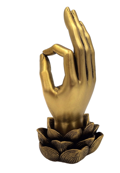 Estatueta dourada Mão de Buda Mudra OM com gravação - decoração elegante para presente - Flor de Lótus, 21 cm, polyresina, estilo glamour