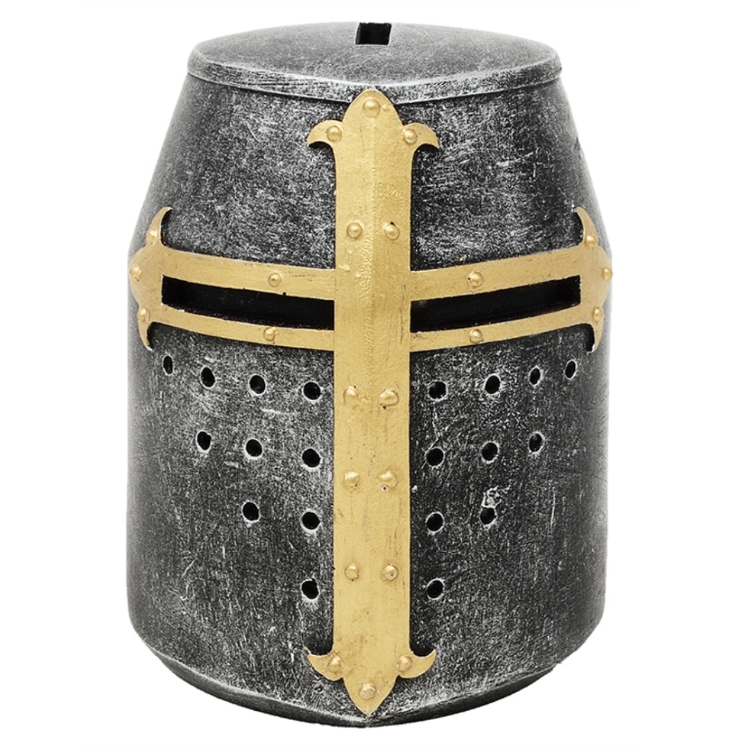 Mealheiro Capacete de Cavaleiro Cruzado com Personalização por Gravação – Presente Único em Estilo Medieval, Altura 10 cm, Pintado à Mão em Poliresina