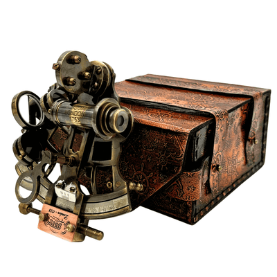 Sextante retro de latão em estojo de couro - instrumento de navegação elegante com possibilidade de gravação - presente ideal para amantes de vela e história - dimensões 13x12x7 cm