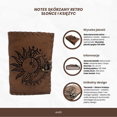 Caderno de pele retro Sol e Lua 200 páginas com possibilidade de personalização por gravação, bege e castanho, ideal para presente a artista ou amante da magia do quotidiano