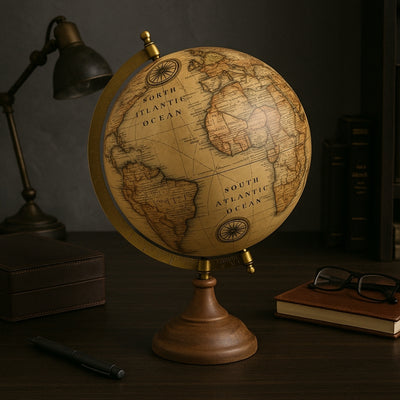 Globo decorativo retro estiloso em base de madeira 32 cm com possibilidade de personalização por gravação