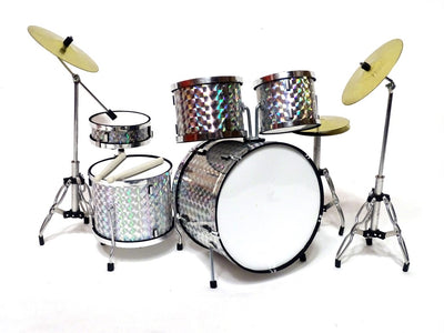 Mini bateria colecionável MDR-0039 em cor prata-cromo, escala 1:5, possibilidade de gravação personalizada, ideal para presente, altura 15 cm, feita de metal e plástico