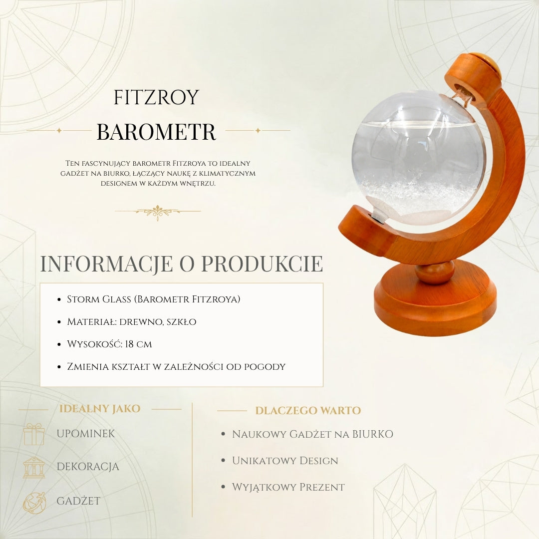 Barómetro de Tempestade Fitzroya Globo com Possibilidade de Gravação - Decoração Elegante para Secretária em Vidro e Madeira, Altura 18,5 cm