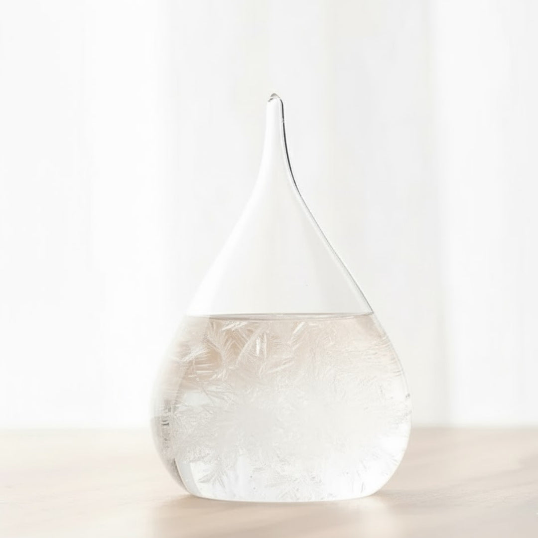 Barómetro de Tempestade Fitzroya - Gota Storm Glass com possibilidade de personalização por gravação - presente elegante em forma de gota, altura 11 cm, recipiente de vidro com cristais únicos que reagem às mudanças do tempo