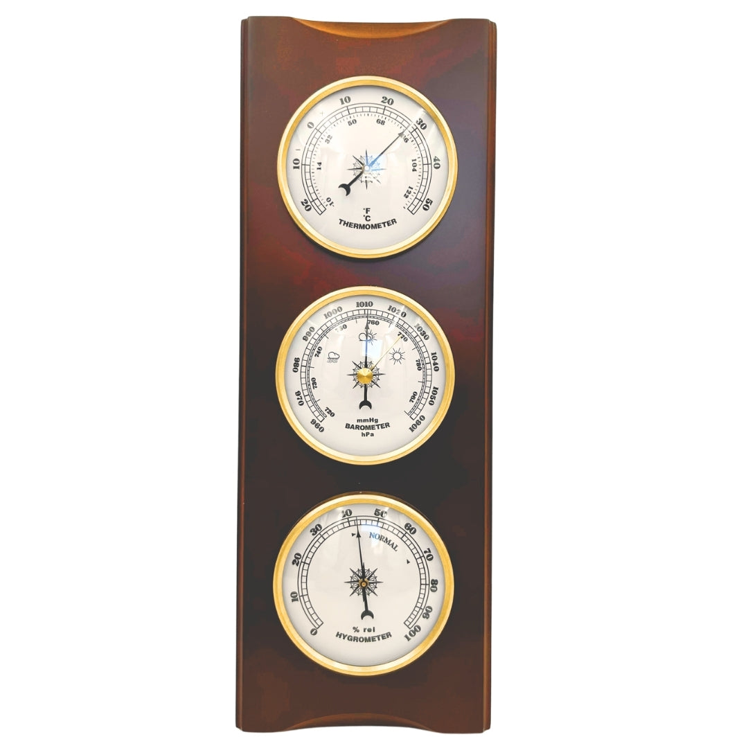 Estação Meteorológica Retro Elegante 36cm com Gravação – Barómetro, Termómetro, Higrómetro em Caixa de Madeira
