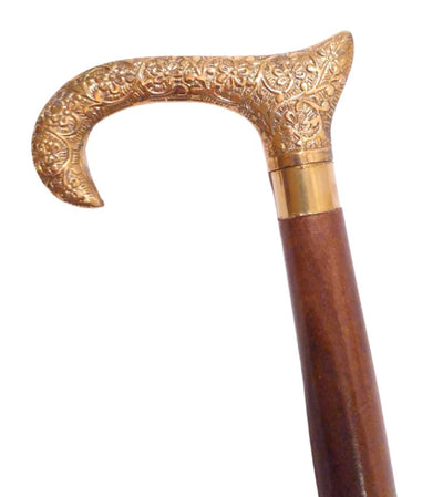 Bengala de Madeira com Cabo Dourado - Dobrável - Presente Elegante com Possibilidade de Personalização com Gravação - 91,5 cm, Castanha com Pegador de Latão