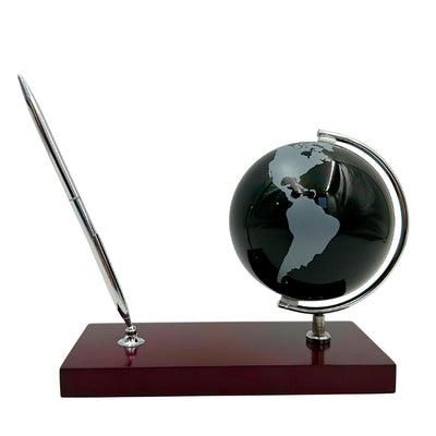 Conjunto Decorativo Elegante para Secretária com Gravação Personalizada - Globo Suporte para Canetas em Metal Cromado e Madeira Escura