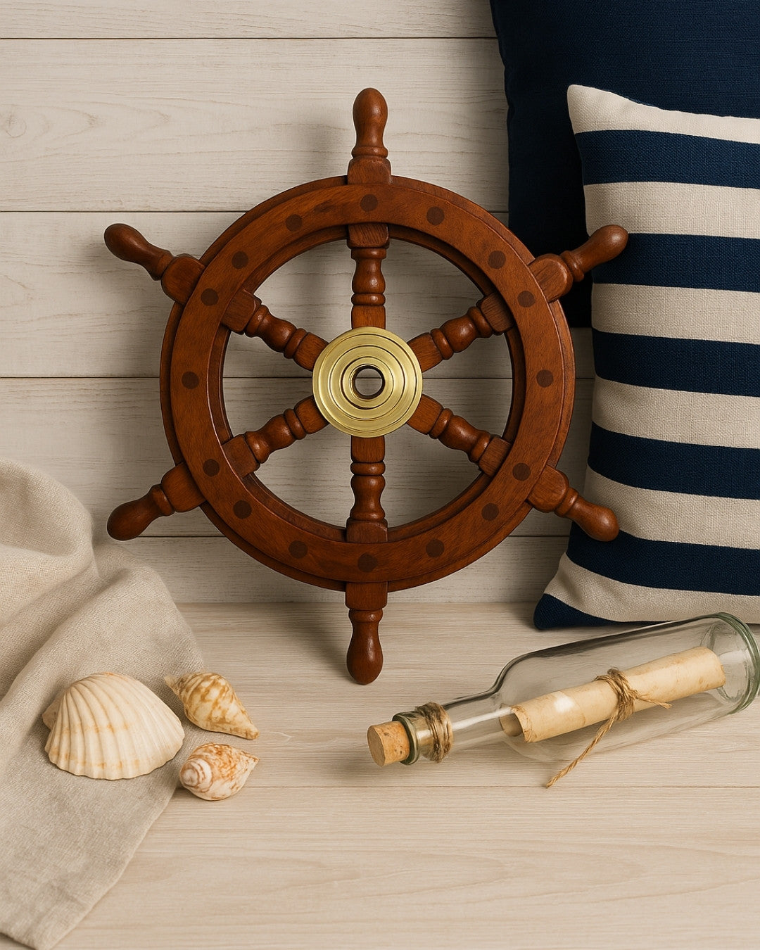 Roda de Leme de Madeira com Inserto de Latão e Espaço para Cunha - Diâmetro 30 cm - Presente Ideal com Possibilidade de Personalização com Gravação - Estilo Náutico e Retro