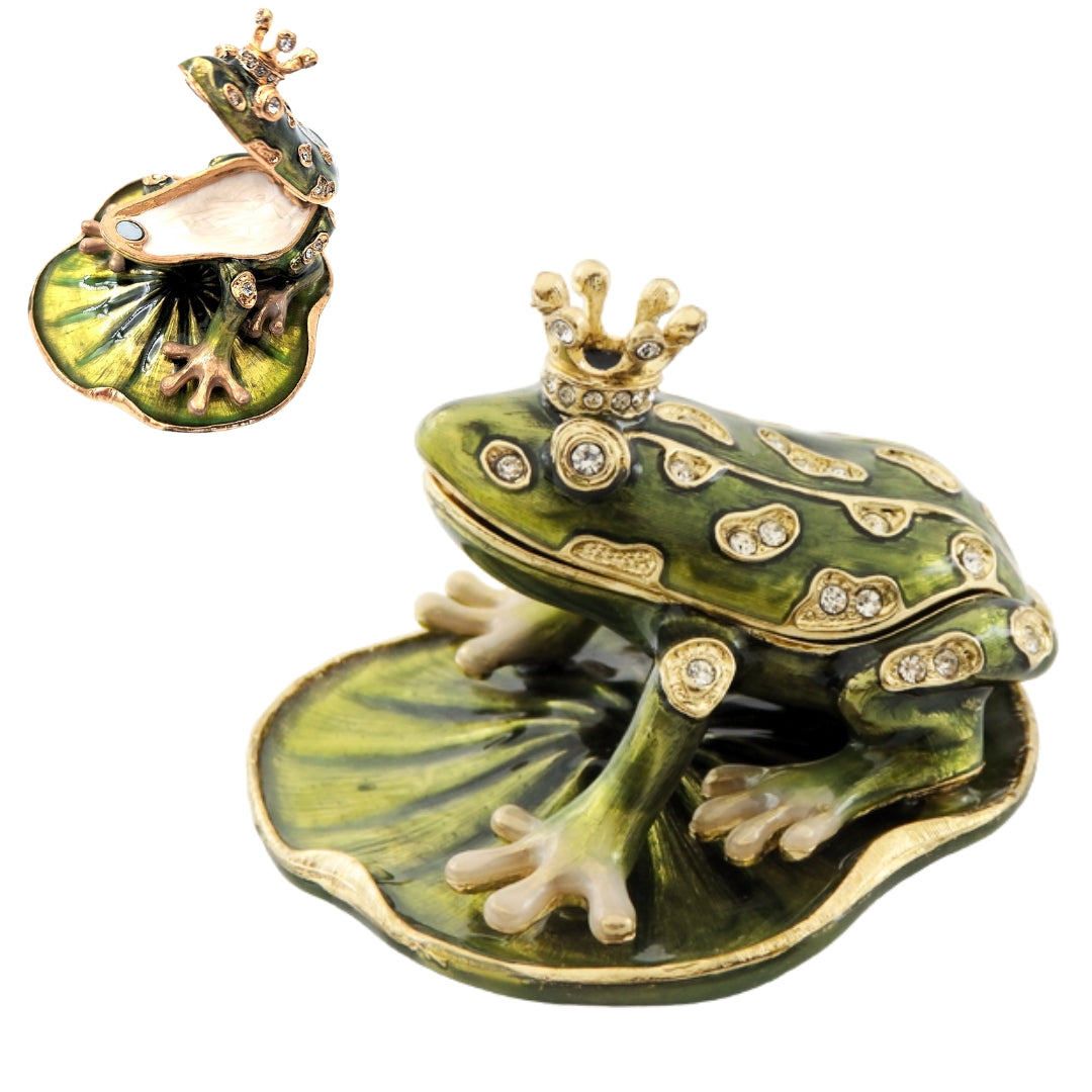 Caixa de presente exclusiva em metal em forma de rã com cristais, verde escuro e dourado, possibilidade de personalização por gravação, ideal para presente, dimensões 6,5x6,7x4,5 cm