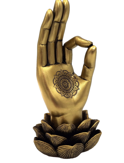 Estatueta dourada Mão de Buda Mudra OM com gravação - decoração elegante para presente - Flor de Lótus, 21 cm, polyresina, estilo glamour