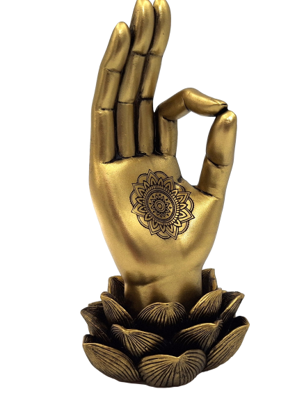 Estatueta dourada Mão de Buda Mudra OM com gravação - decoração elegante para presente - Flor de Lótus, 21 cm, polyresina, estilo glamour