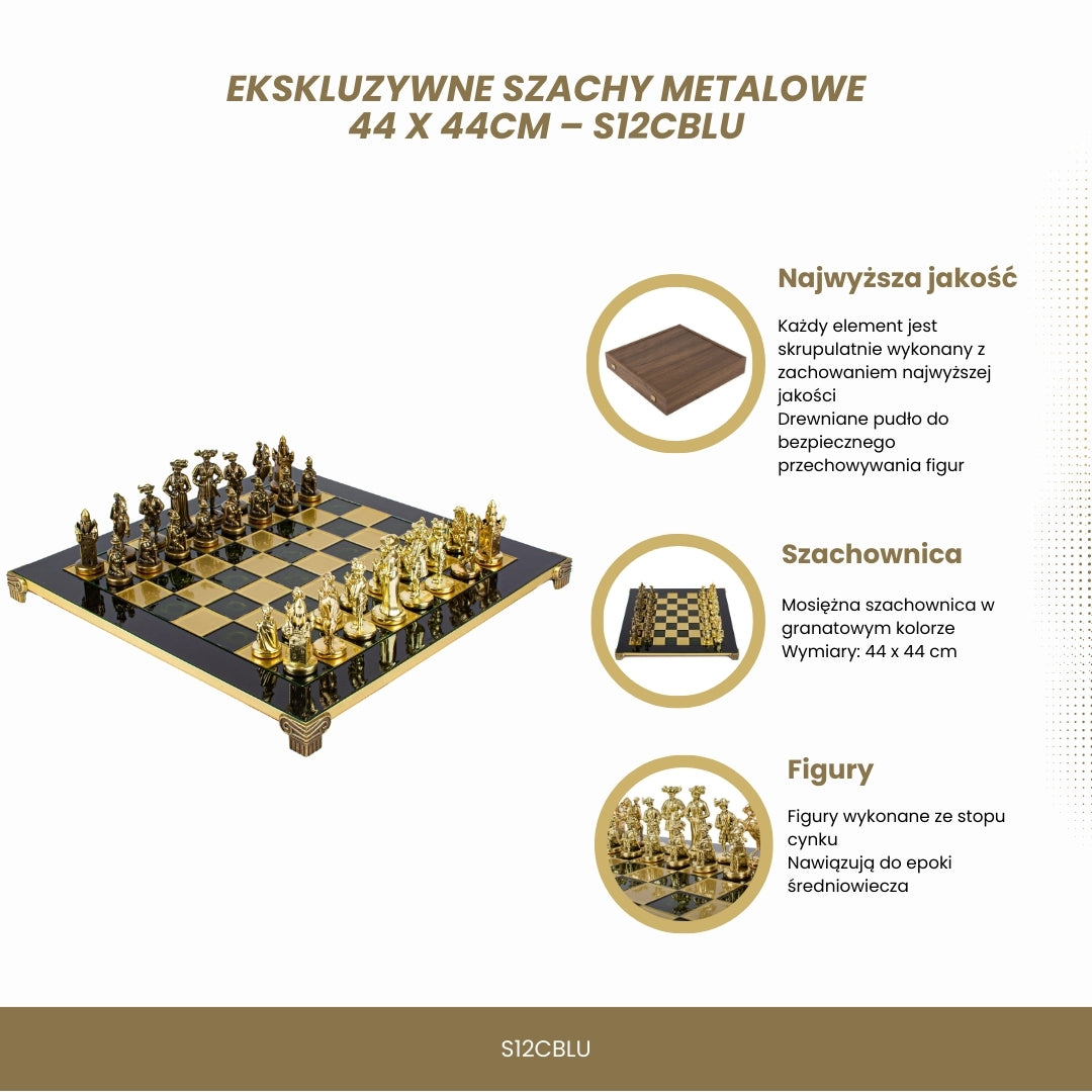 Xadrez metálico exclusivo com tabuleiro de latão 44 x 44 cm – Peças medievais com possibilidade de personalização por gravação